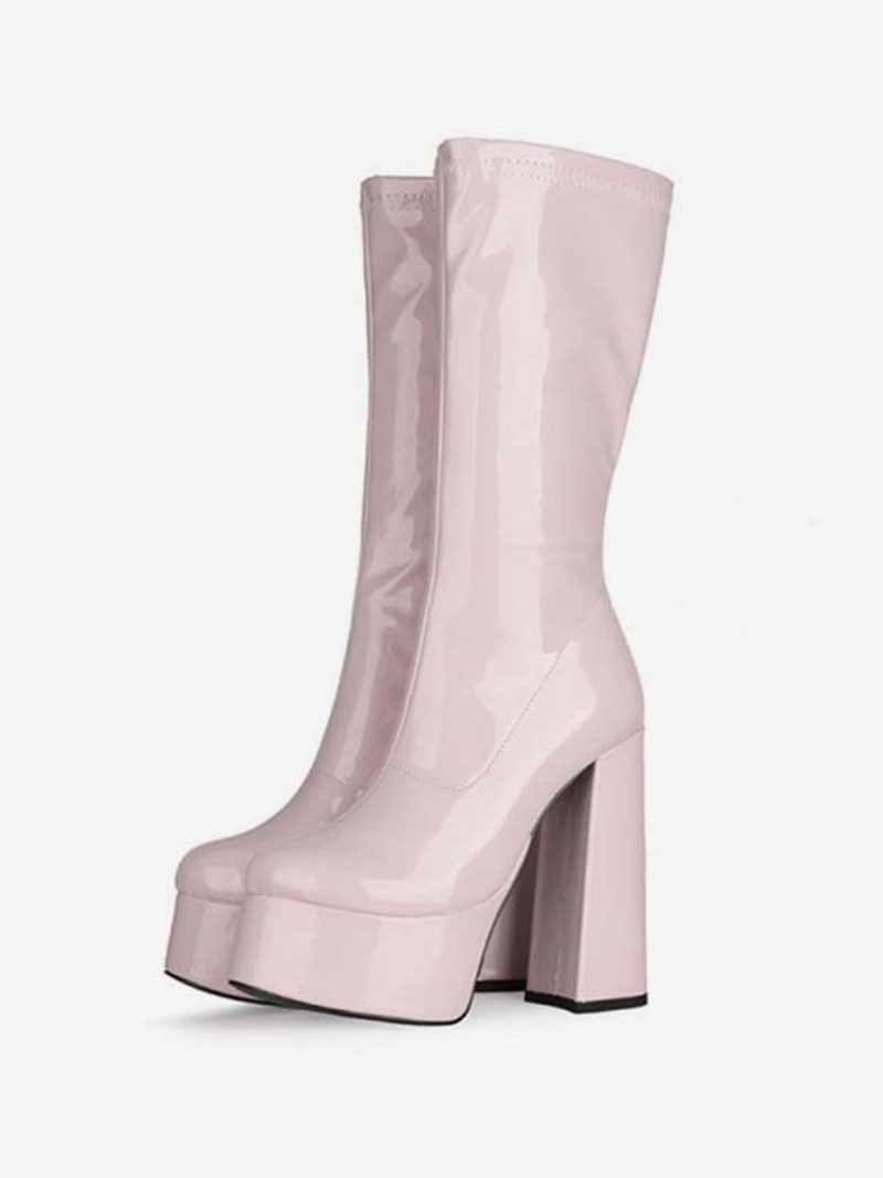 Damen-stiefel Mit Plateausohle Und Klobigem Absatz Mittelhohem Schaft. Lackleder-stiefel Hohem - Rosa