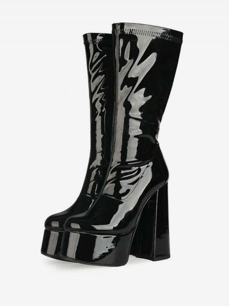 Damen-stiefel Mit Plateausohle Und Klobigem Absatz Mittelhohem Schaft. Lackleder-stiefel Hohem - Schwarz