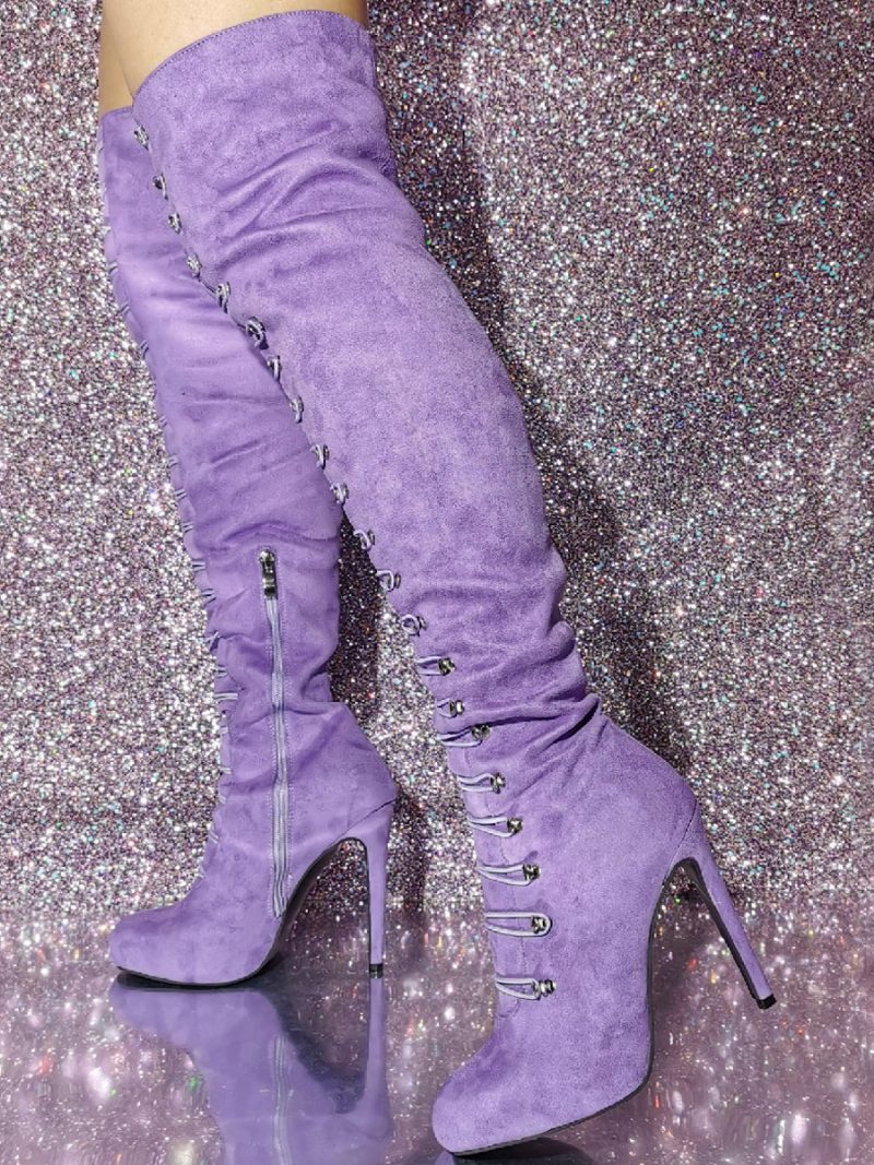 Damen-stiefel Mit Rundem Zehenbereich Stiletto-absatz Und Obermaterial Aus Micro-wildleder - Lavendel