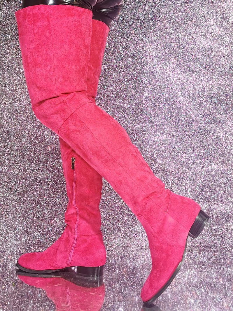 Damen-stiefel Mit Rundem Zehenbereich Und Welpenabsatz Aus Elastischem Stoff - Rose