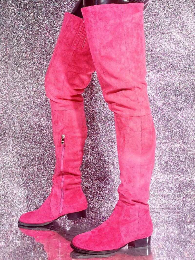 Damen-stiefel Mit Rundem Zehenbereich Und Welpenabsatz Aus Elastischem Stoff - Rose