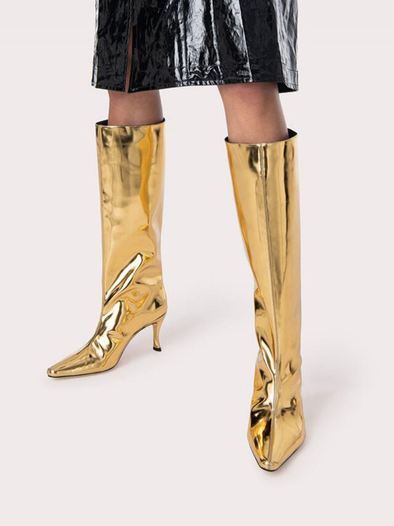 Damen-stiefel Mit Spitzer Zehenpartie Stiletto-absatz Und Weitem Schaft Gold