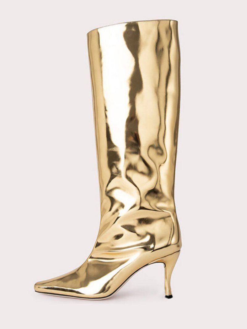 Damen-stiefel Mit Spitzer Zehenpartie Stiletto-absatz Und Weitem Schaft Gold - Gold