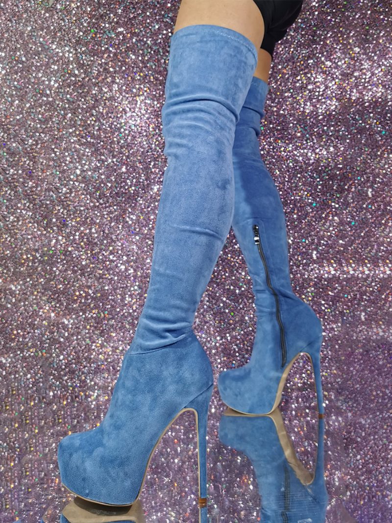 Damen-stiefel Mit Stiletto-absatz Und Micro-wildleder-oberschenkel - Helles Himmelblau