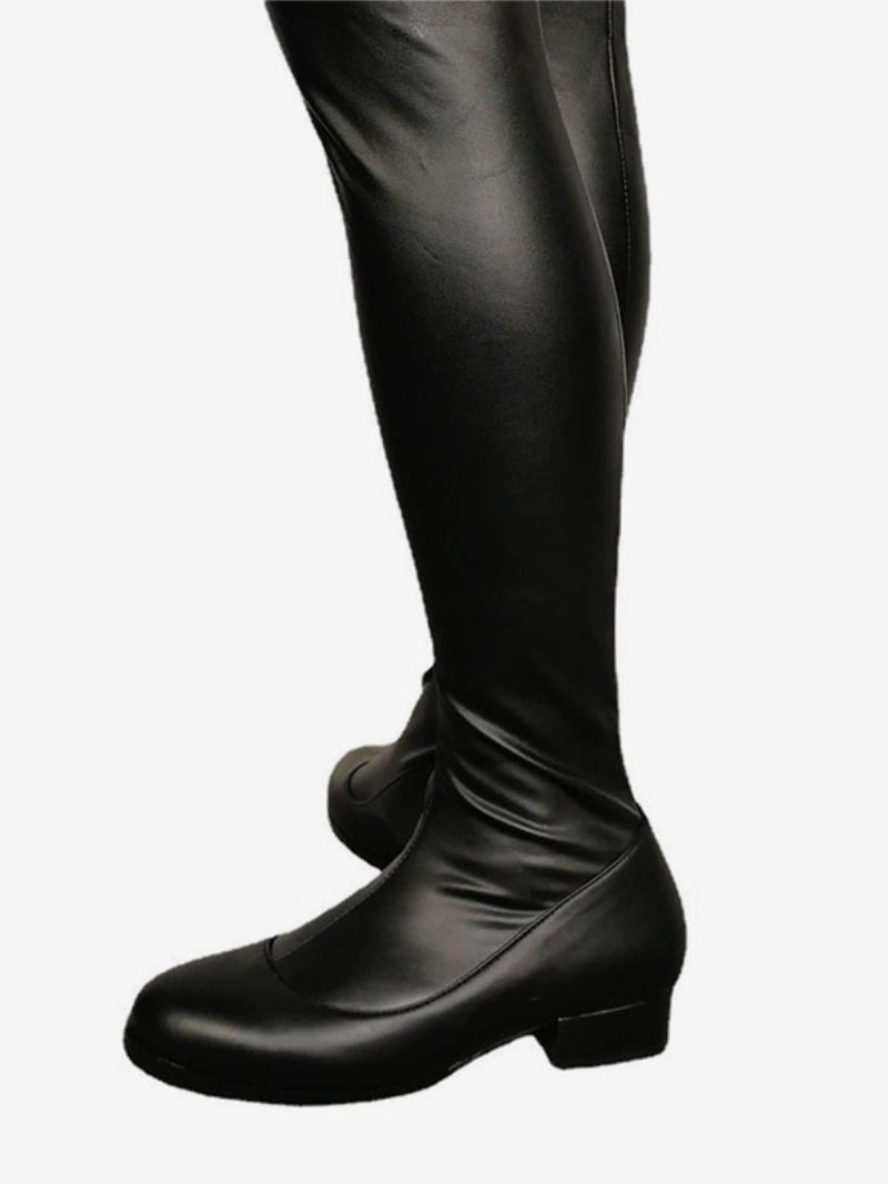 Damen-stiefel Mit Welpenabsatz Und Oberschenkelhohem Pu-leder - Schwarz