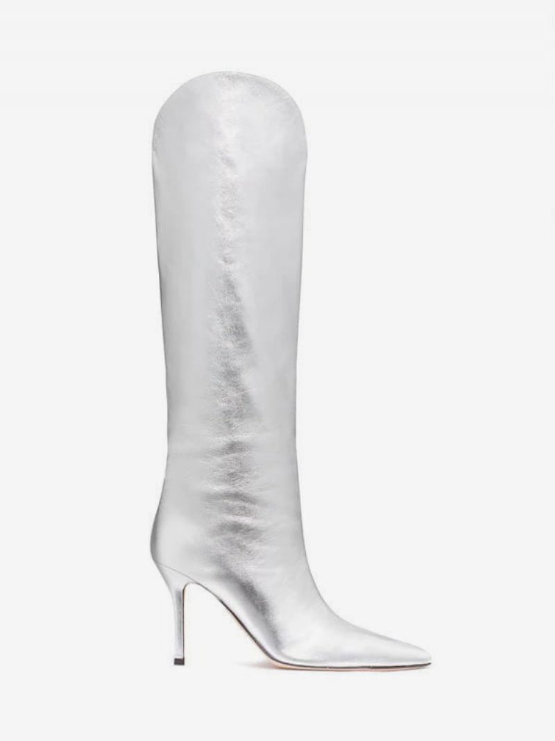 Damen-stiefel Silber Mit Weitem Schaft Und Spitzem Zehenbereich Metallic-optik Knielangem Stiletto-absatz - Silber