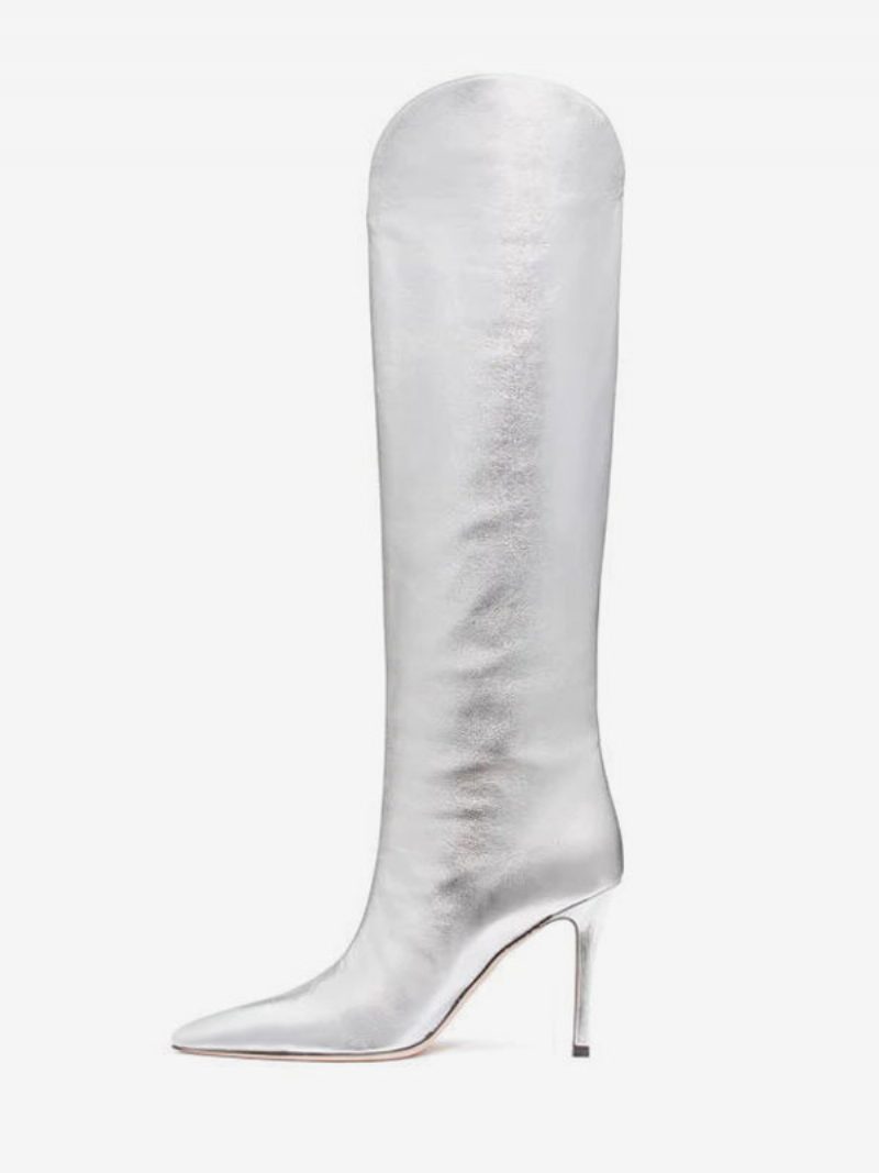 Damen-stiefel Silber Mit Weitem Schaft Und Spitzem Zehenbereich Metallic-optik Knielangem Stiletto-absatz - Silber