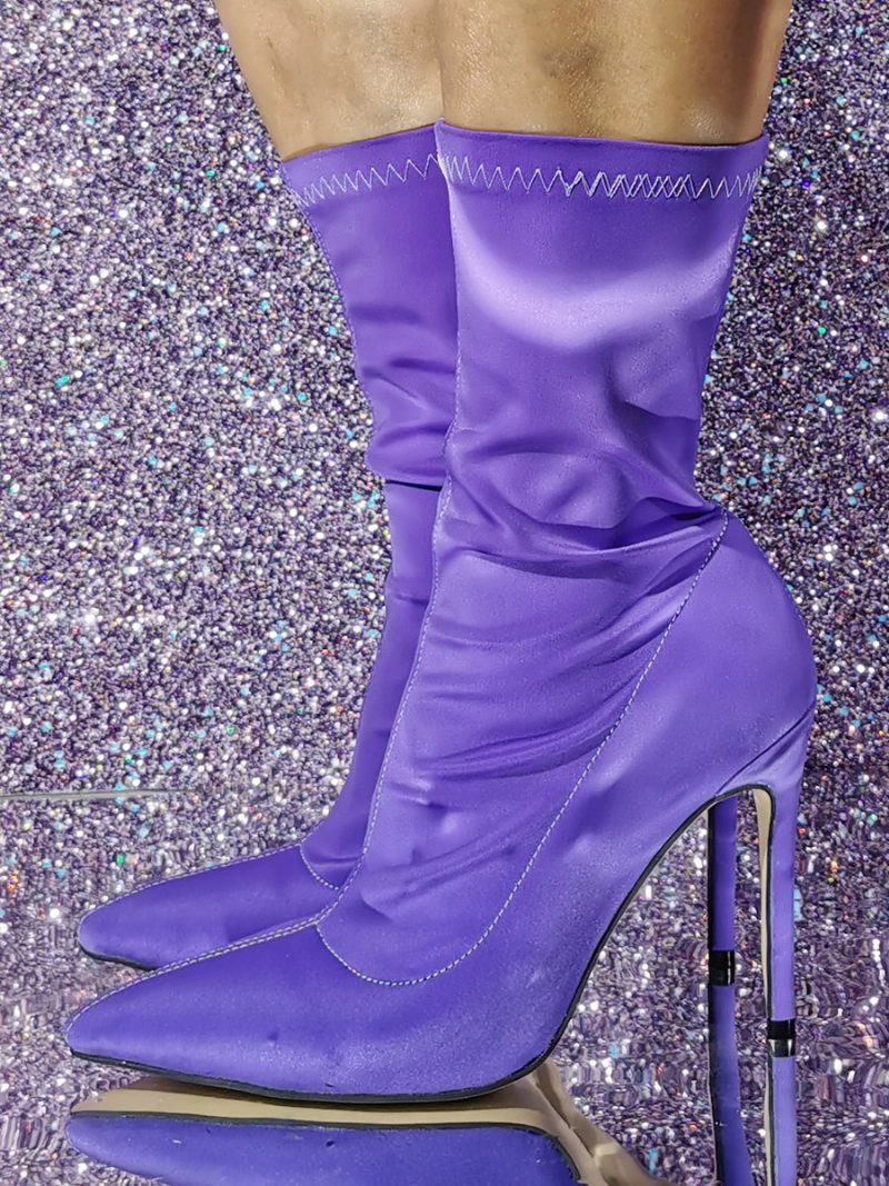 Damen-stiefeletten Aus Elastischem Stoff Mit Spitzer Zehenpartie Und Stiletto-absatz - Violett