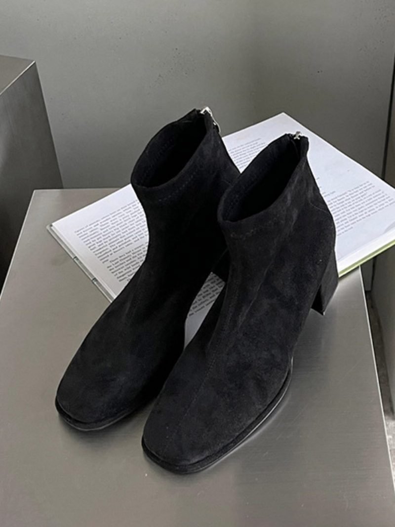 Damen-stiefeletten Aus Micro-wildleder Mit Quadratischer Zehenpartie Und Klobigem Absatz - Schwarz