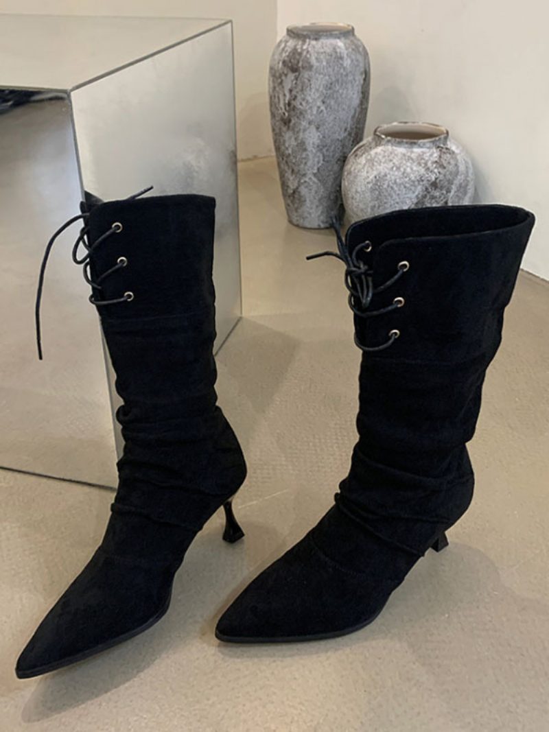 Damen-stiefeletten Aus Micro-wildleder Mit Spitzer Zehenpartie Und Stiletto-absatz - Schwarz