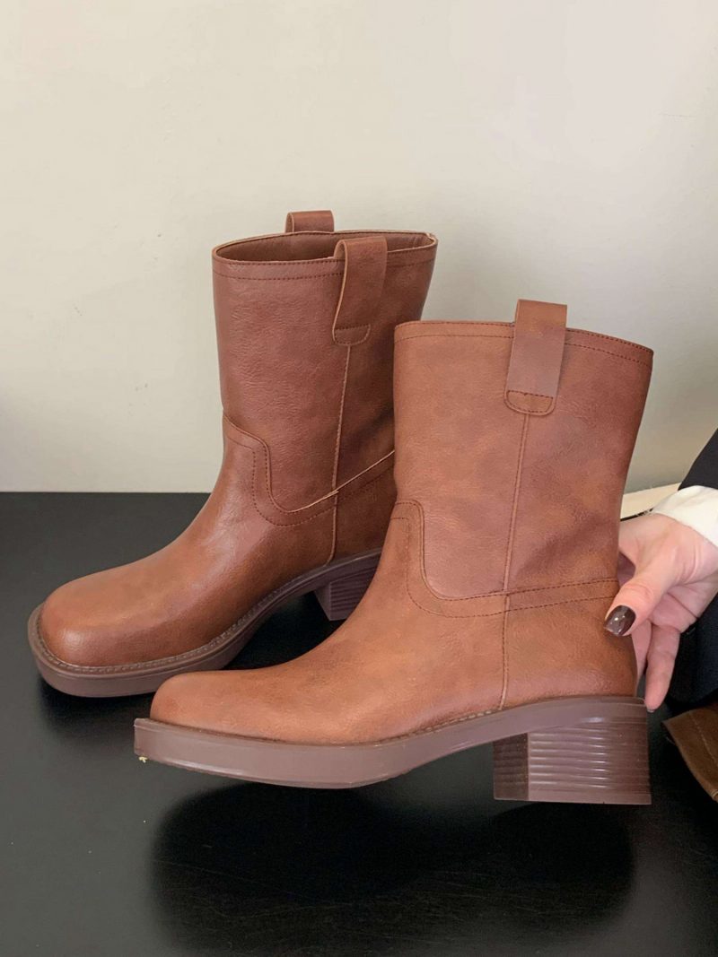 Damen-stiefeletten Aus Pu-leder Mit Eckigem Zehenbereich Und Klobigem Absatz - Kaffeebraun