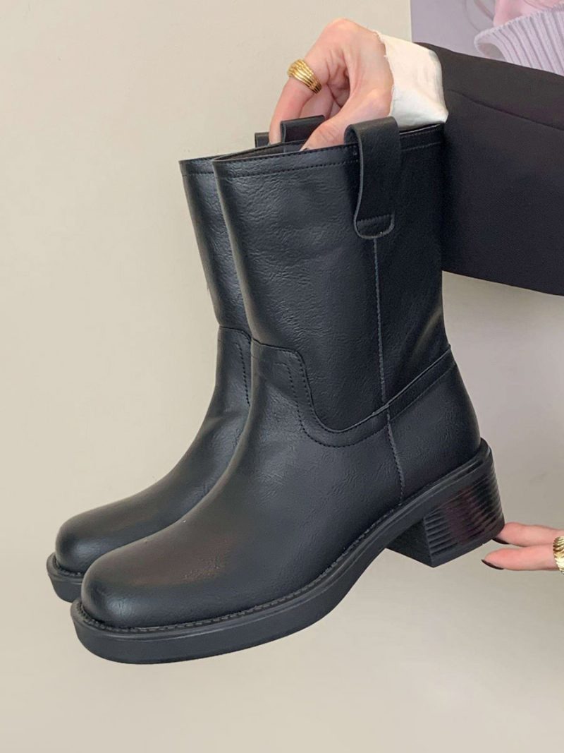 Damen-stiefeletten Aus Pu-leder Mit Eckigem Zehenbereich Und Klobigem Absatz - Schwarz