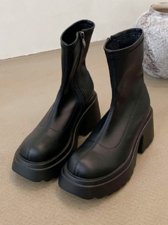 Damen-stiefeletten Aus Pu-leder Mit Runder Zehenpartie Und Klobigem Absatz