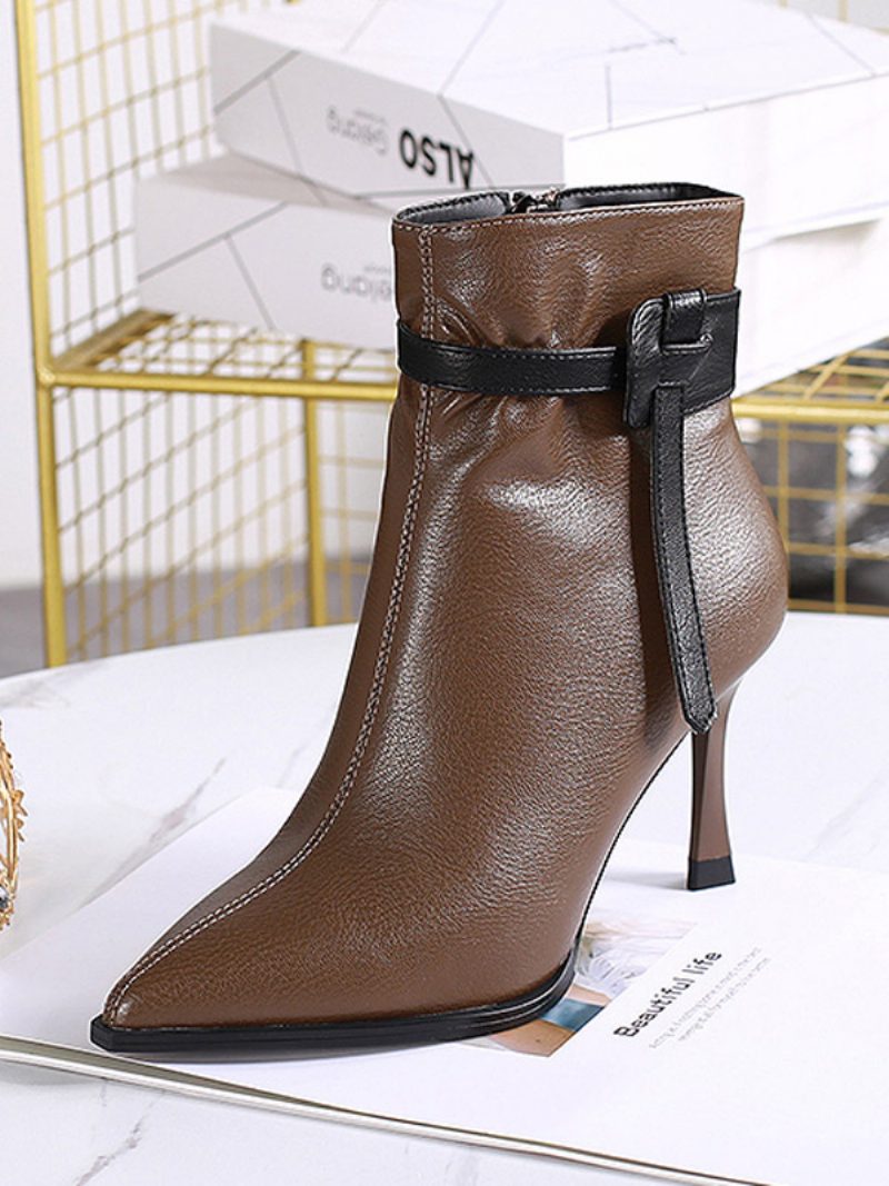 Damen-stiefeletten Aus Pu-leder Mit Spitzer Zehenpartie Und Stiletto-absatz - Kaffeebraun