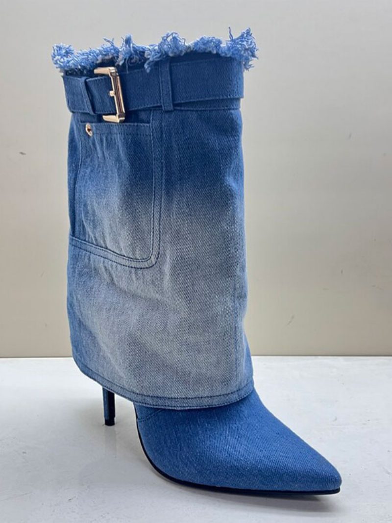 Damen-stiefeletten Aus Segeltuch Mit Spitzer Zehenpartie Und Stiletto-absatz - Blau