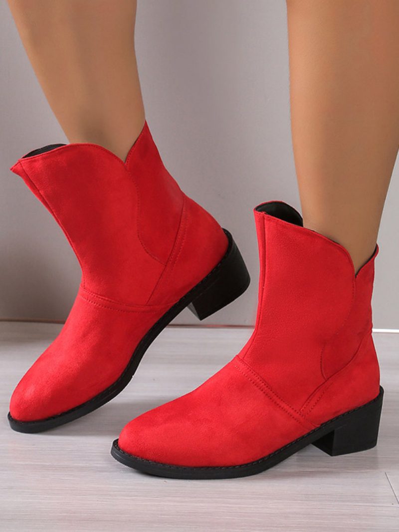 Damen-stiefeletten Aus Wildleder Braune Stiefeletten Mit Runder Zehenpartie Und Klobigem Absatz - Rot