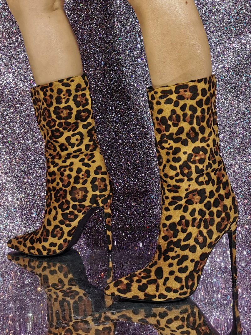 Damen-stiefeletten Aus Wildleder Mit Spitzer Zehenpartie Leopardenmuster Und Hohem Absatz - Leopard