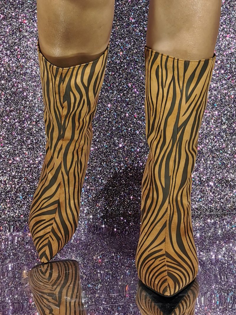 Damen-stiefeletten Mit Hohem Absatz Und Tiermuster Spitzer Zehenpartie - Tiger-Druck