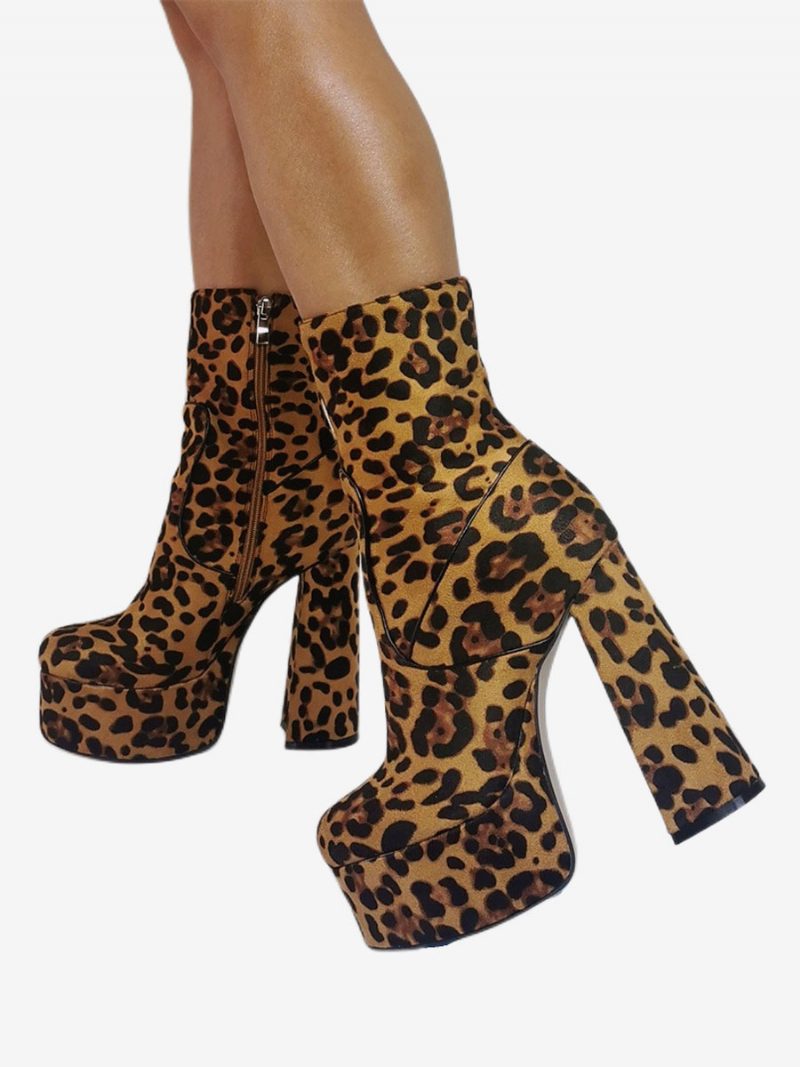 Damen-stiefeletten Mit Hohem Absatz Wildleder Runder Zehenbereich Plateausohle Leopardenmuster