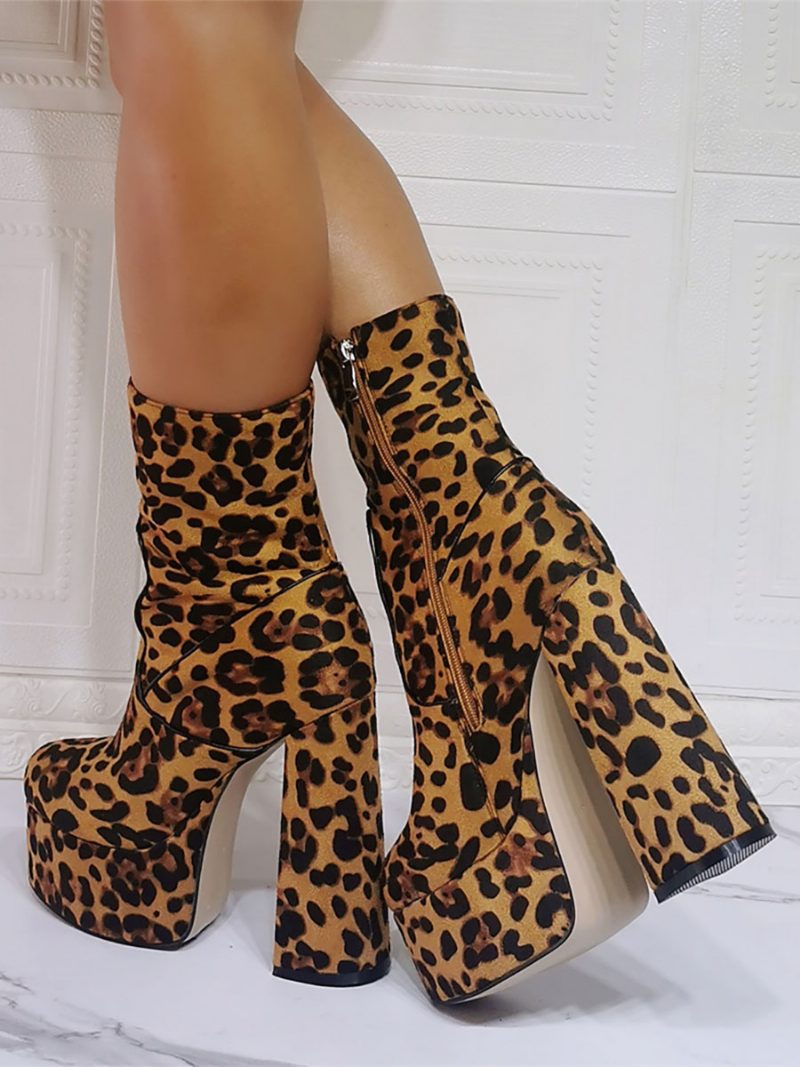 Damen-stiefeletten Mit Hohem Absatz Wildleder Runder Zehenbereich Plateausohle Leopardenmuster - Leopard