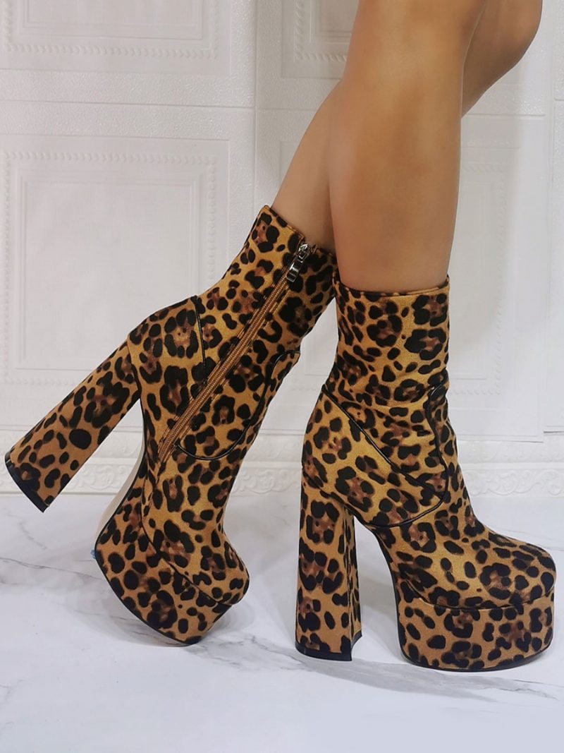 Damen-stiefeletten Mit Hohem Absatz Wildleder Runder Zehenbereich Plateausohle Leopardenmuster - Leopard