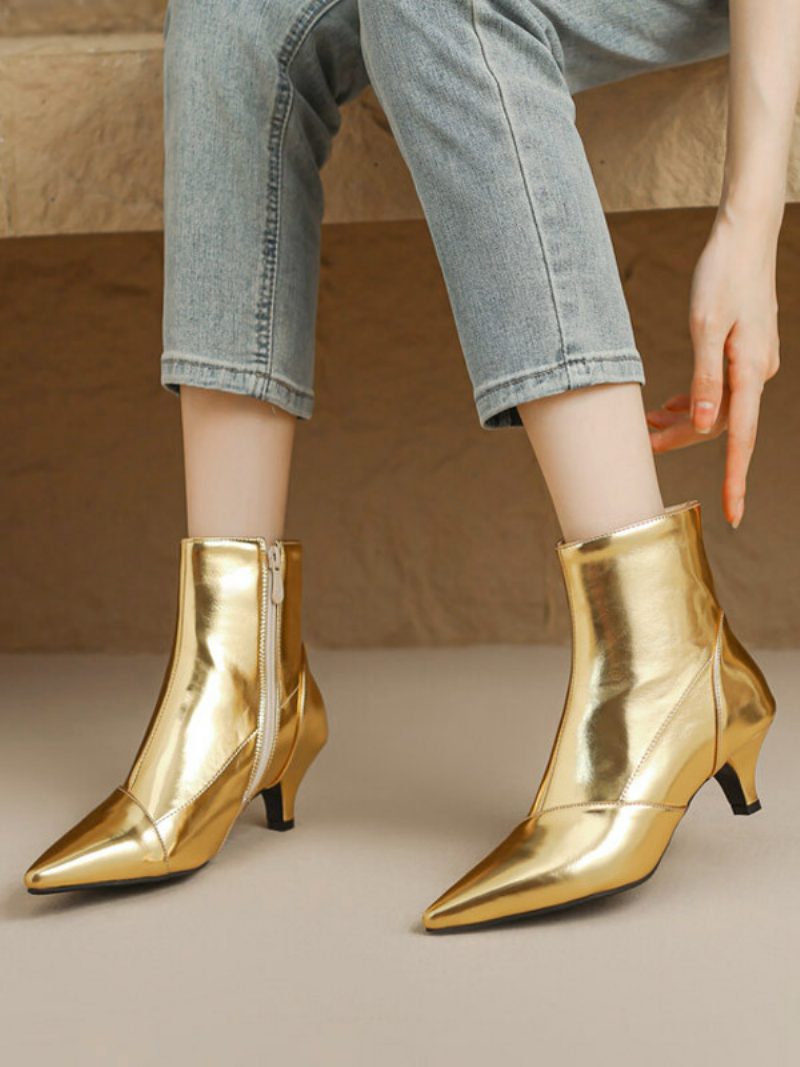 Damen-stiefeletten Mit Kitten-heel-absatz Und Spitzer Zehenpartie - Gold