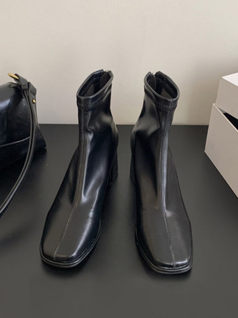 Damen-stiefeletten Mit Quadratischer Zehenpartie Und Klobigem Absatz - Schwarz