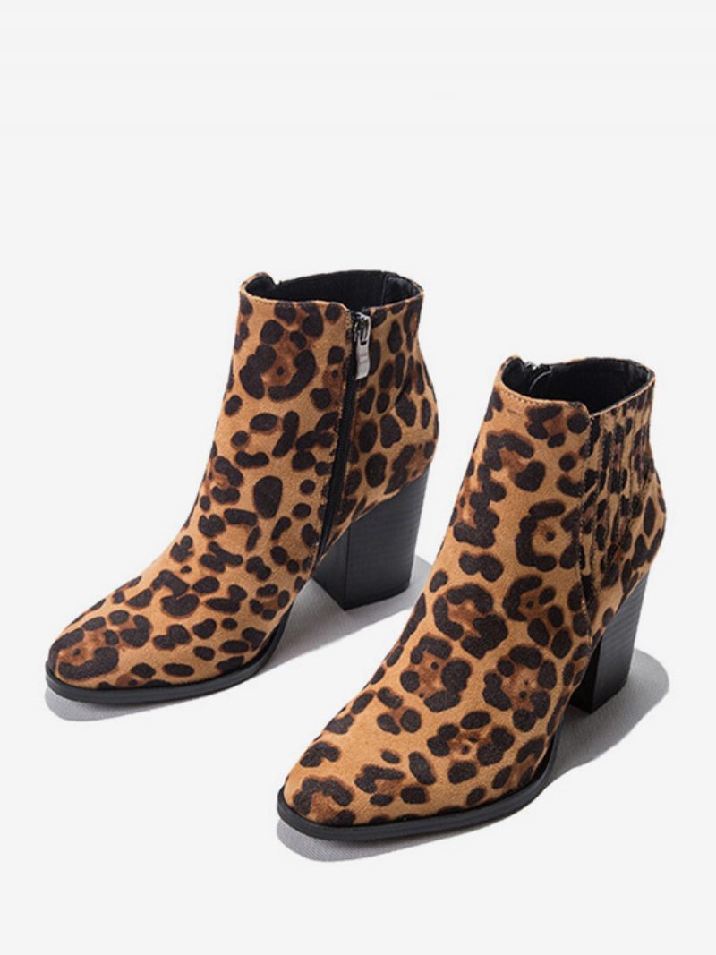 Damen-stiefeletten Mit Runder Zehenpartie Und Klobigem Absatz - Leopard