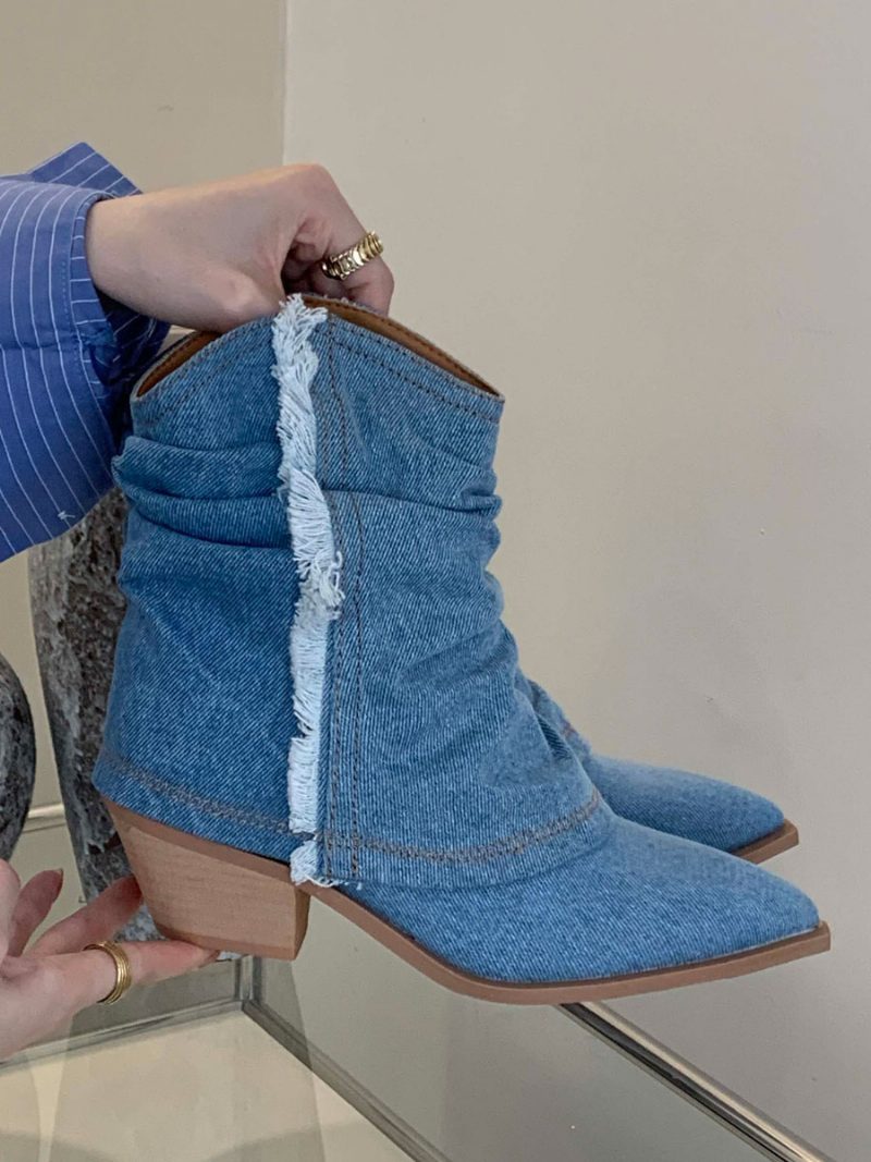 Damen-stiefeletten Mit Spitzem Zehenbereich Und Klobigem Absatz - Helles Himmelblau