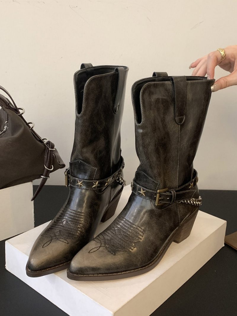 Damen-stiefeletten Mit Spitzer Zehenpartie Und Blockabsatz Schnalle - Bronze