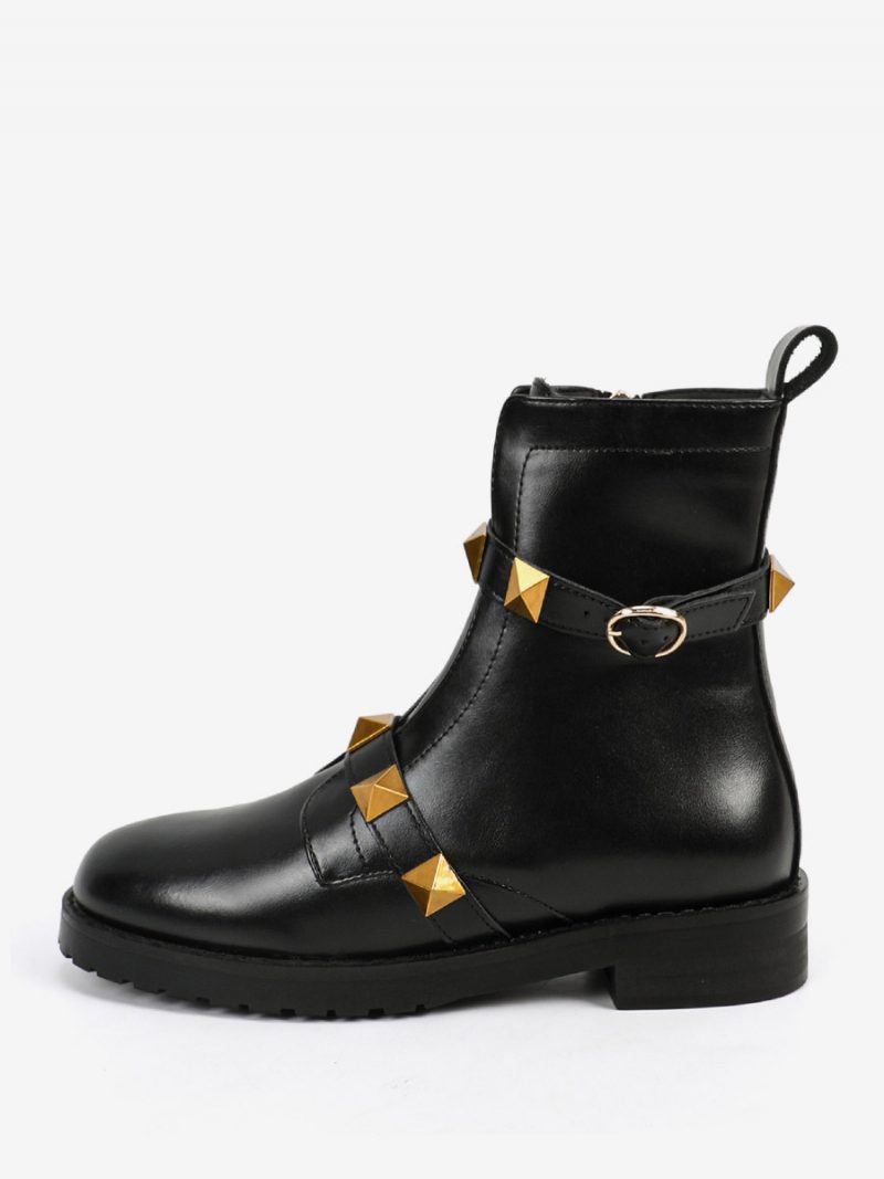 Damen Stiefeletten Schwarz Gold Nieten Detail Flache Booties