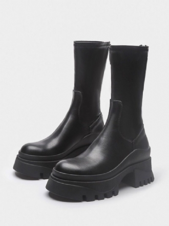 Damen-stiefeletten Schwarze Flatformbooties Mit Runder Zehenpartie