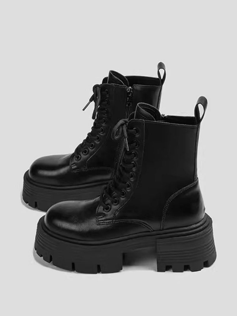 Damen-stiefeletten Schwarze Schnür-kampfstiefel Mit Runder Spitze - Schwarz