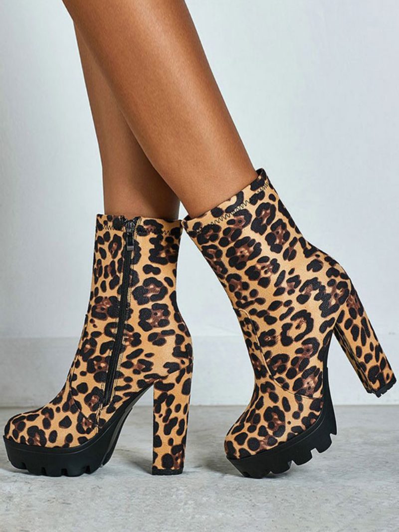 Damen-stiefeletten Schwarzes Micro-wildleder Runde Zehenpartie Klobiger Absatz High-heel-stiefeletten - Leopard