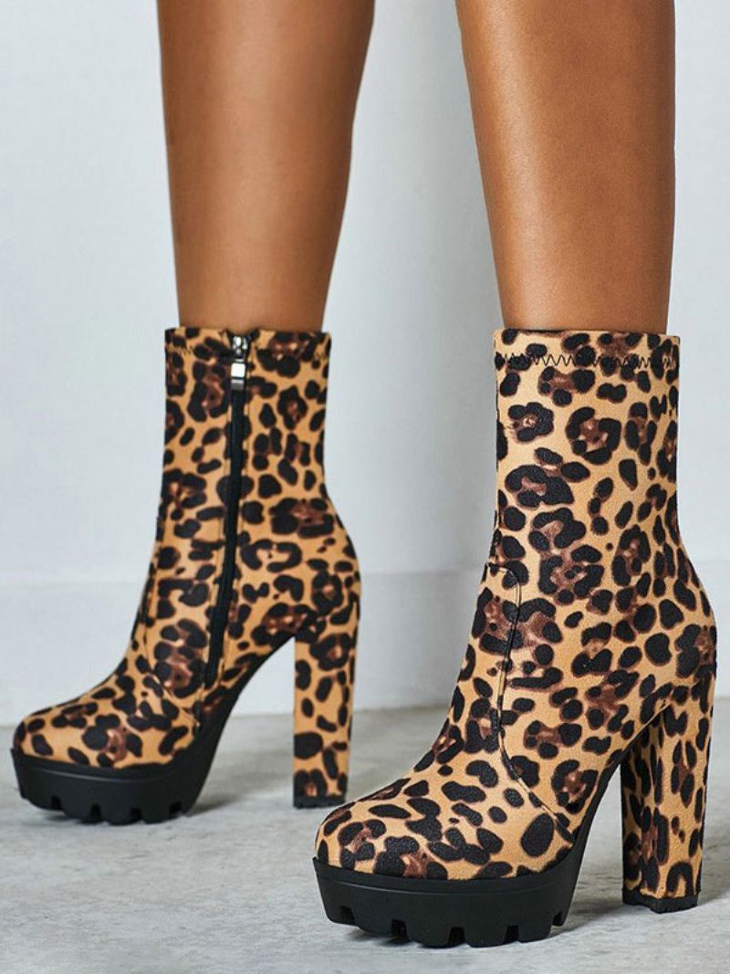 Damen-stiefeletten Schwarzes Micro-wildleder Runde Zehenpartie Klobiger Absatz High-heel-stiefeletten - Leopard