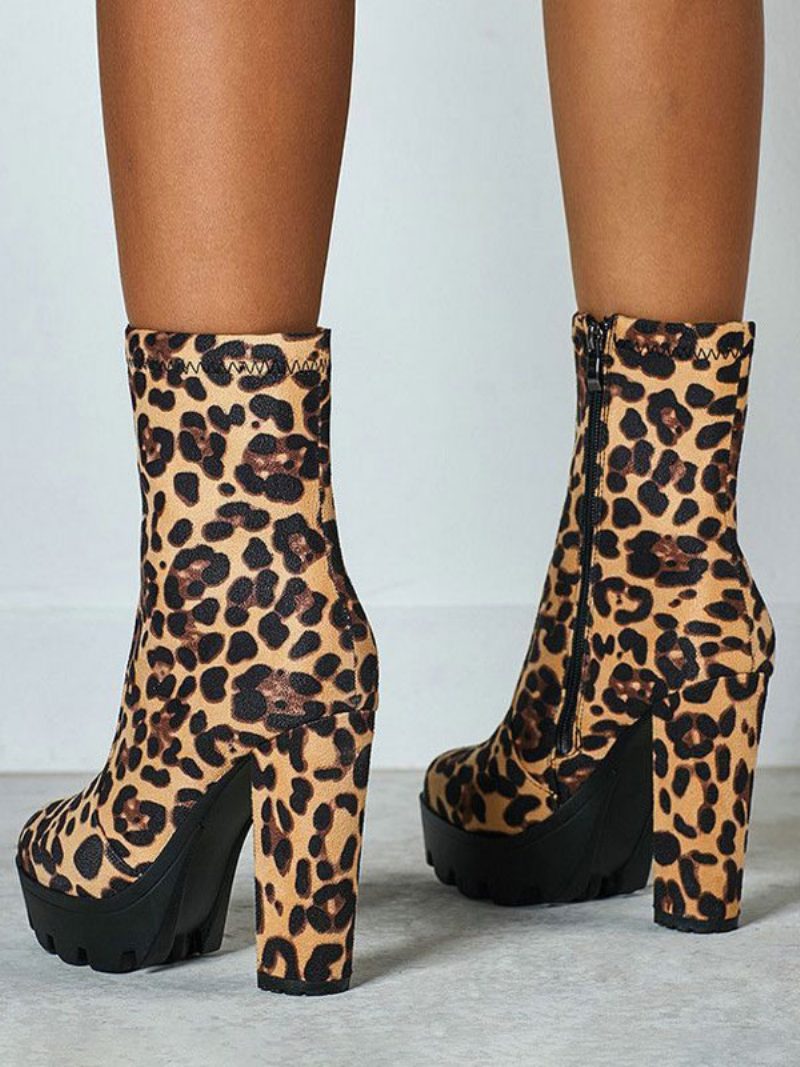 Damen-stiefeletten Schwarzes Micro-wildleder Runde Zehenpartie Klobiger Absatz High-heel-stiefeletten - Leopard