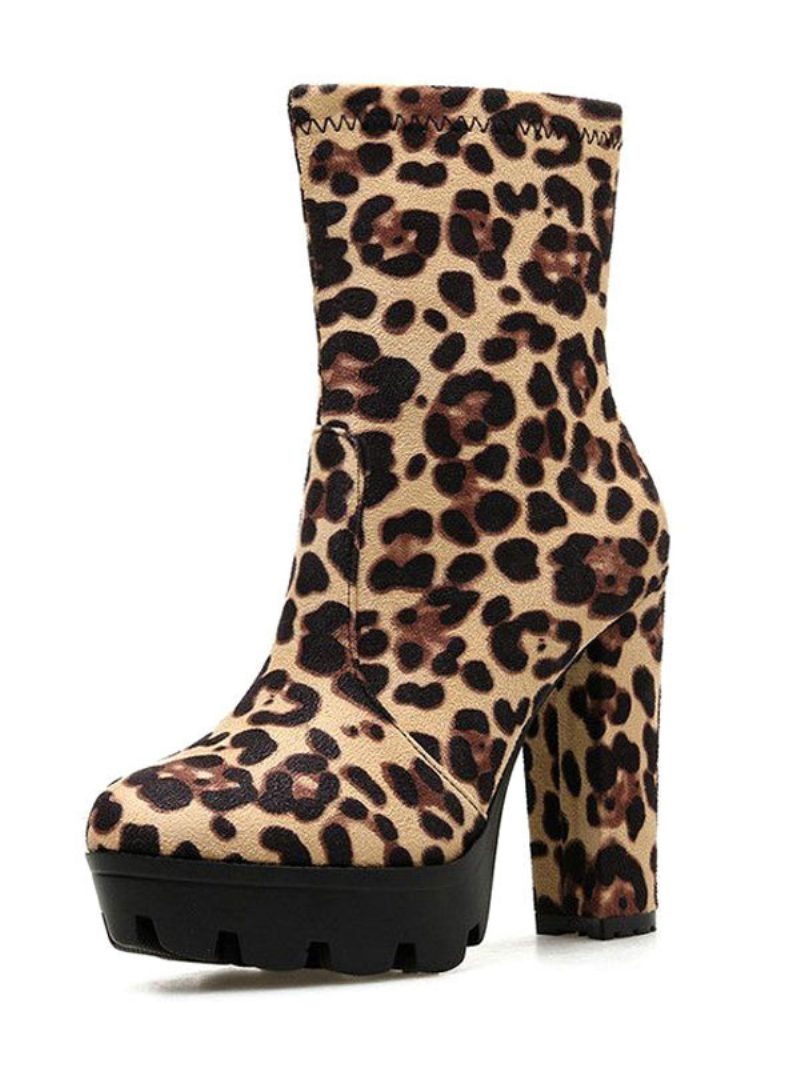 Damen-stiefeletten Schwarzes Micro-wildleder Runde Zehenpartie Klobiger Absatz High-heel-stiefeletten - Leopard