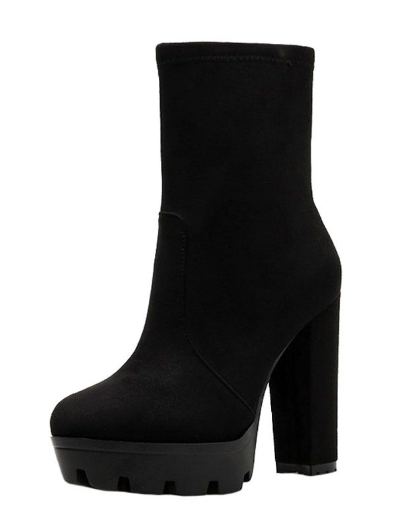 Damen-stiefeletten Schwarzes Micro-wildleder Runde Zehenpartie Klobiger Absatz High-heel-stiefeletten - Schwarz