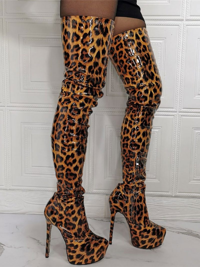 Damen-tierstiefel Mit Plateausohle Und Hohem Absatz - Leopard