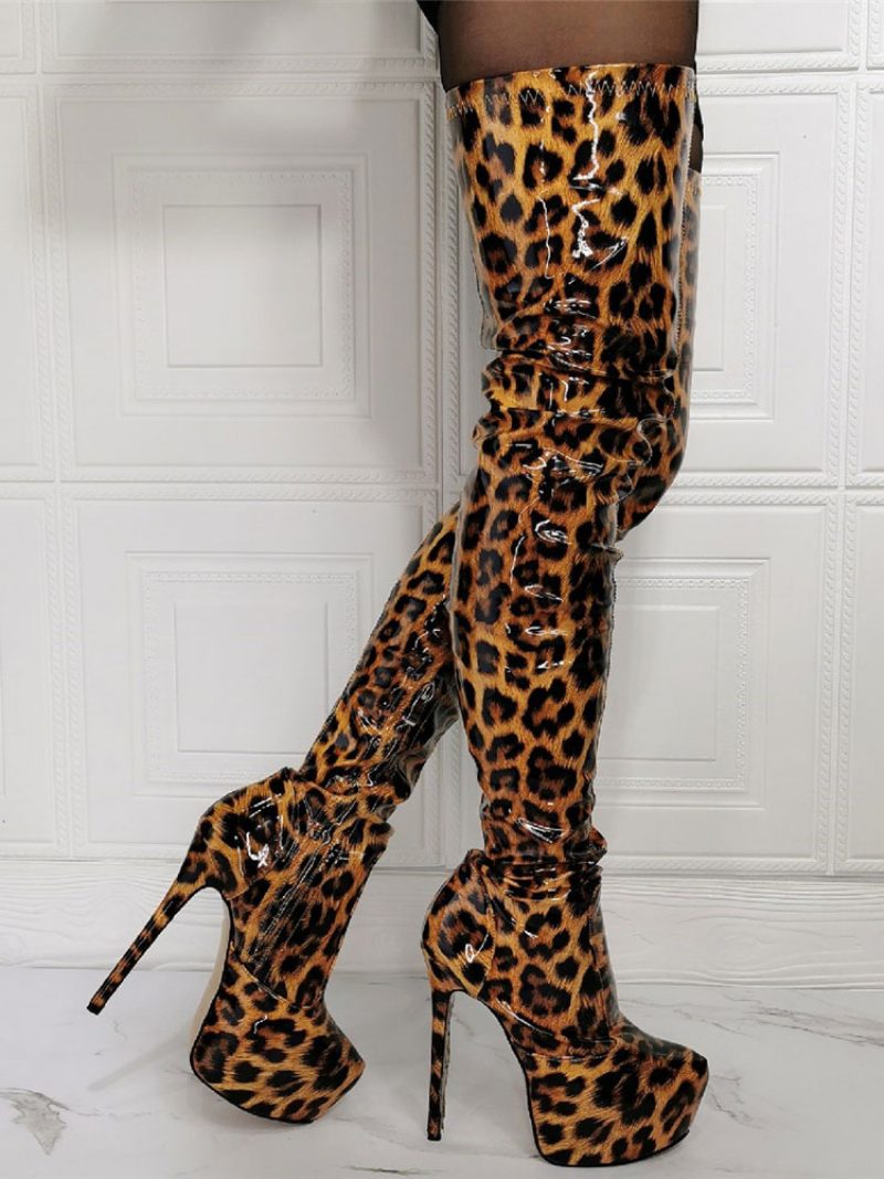 Damen-tierstiefel Mit Plateausohle Und Hohem Absatz - Leopard