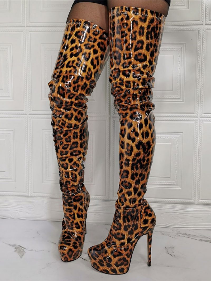 Damen-tierstiefel Mit Plateausohle Und Hohem Absatz - Leopard