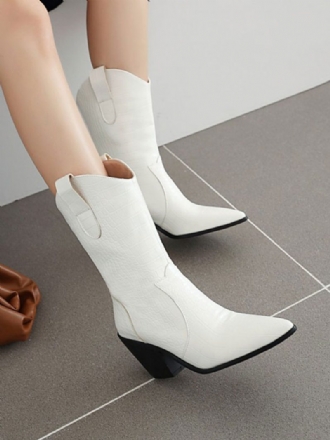 Damen-westernstiefel Weiße Booties Mit Spitzer Zehenpartie Und Klobigem Absatz