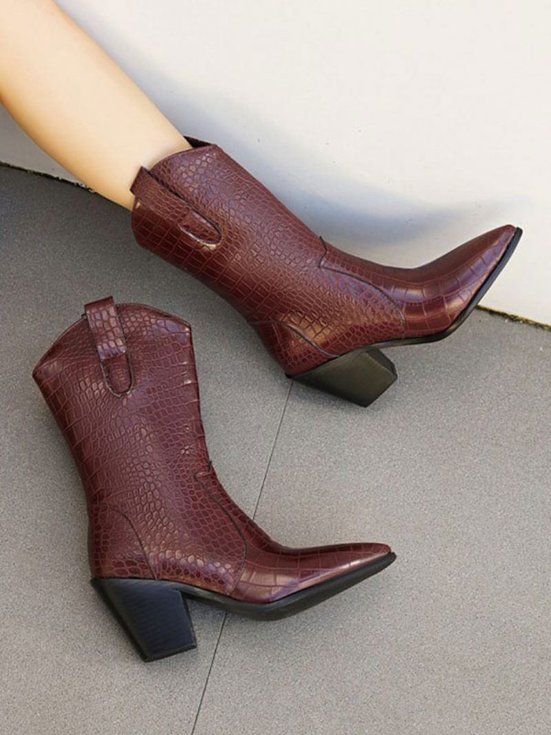 Damen-westernstiefel Weiße Booties Mit Spitzer Zehenpartie Und Klobigem Absatz - Burgund