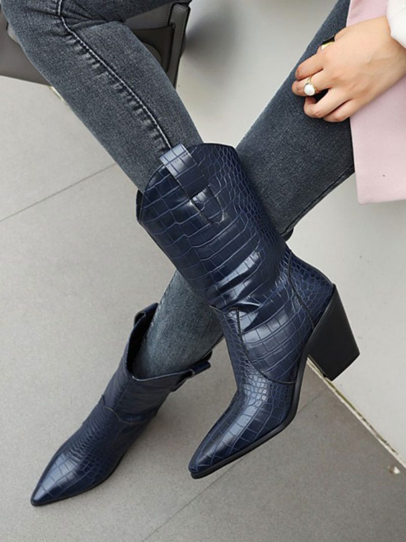 Damen-westernstiefel Weiße Booties Mit Spitzer Zehenpartie Und Klobigem Absatz - Tiefblau