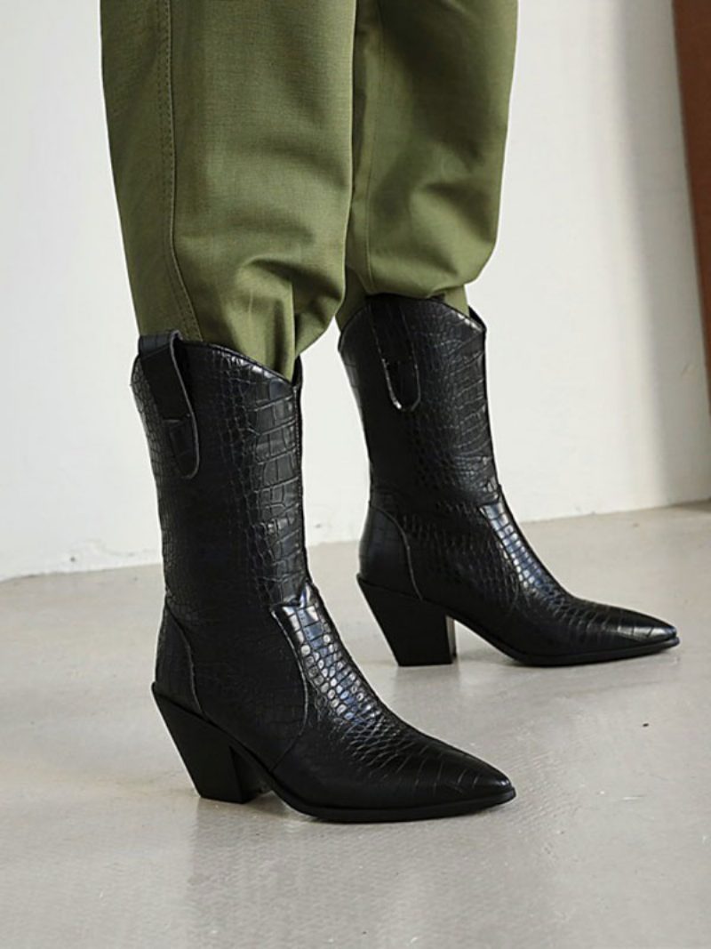 Damen-westernstiefel Weiße Booties Mit Spitzer Zehenpartie Und Klobigem Absatz - Schwarz