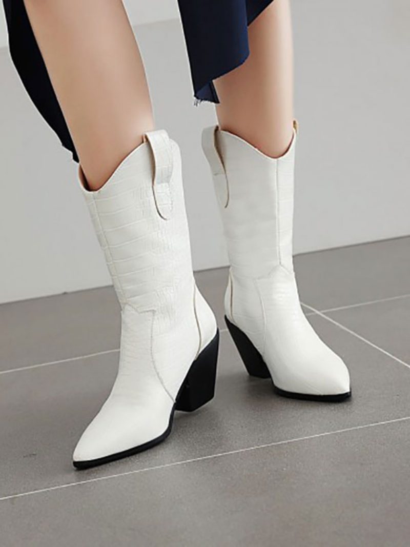 Damen-westernstiefel Weiße Booties Mit Spitzer Zehenpartie Und Klobigem Absatz - Weiß