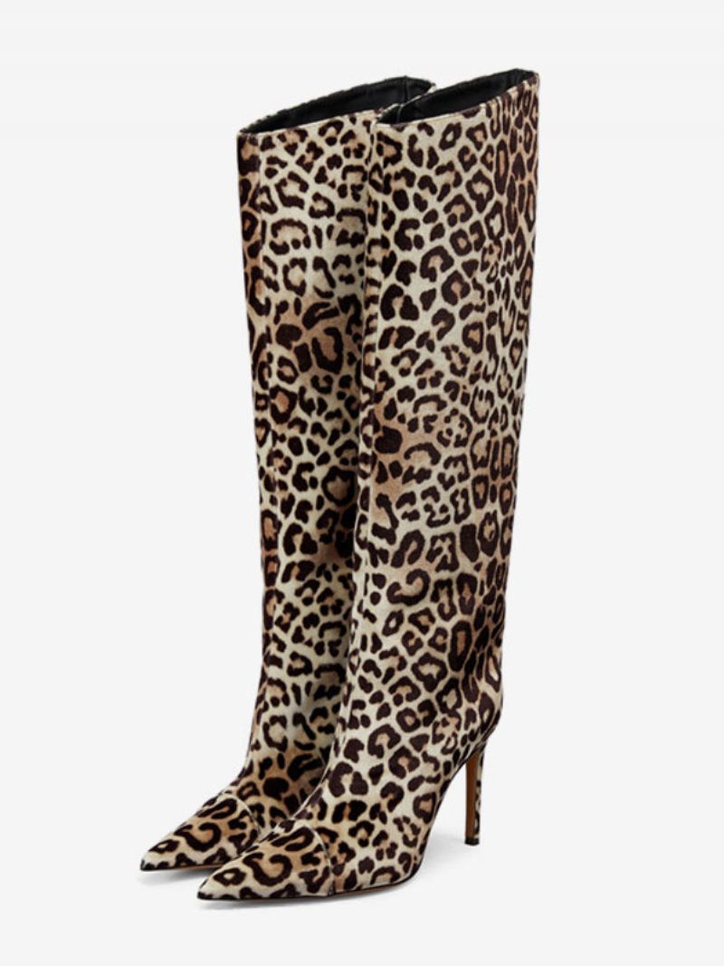 Damen-wildlederstiefel Mit Weitem Schaft Und Leopardenmuster Kniehohem Absatz