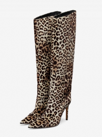 Damen-wildlederstiefel Mit Weitem Schaft Und Leopardenmuster Kniehohem Absatz