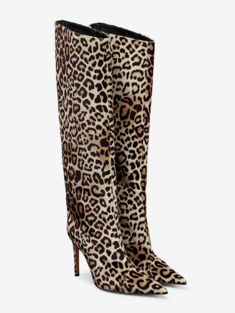 Damen-wildlederstiefel Mit Weitem Schaft Und Leopardenmuster Kniehohem Absatz - Leopard