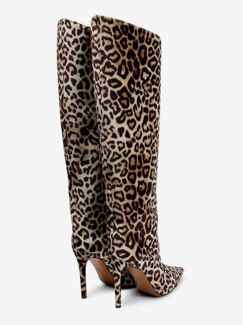 Damen-wildlederstiefel Mit Weitem Schaft Und Leopardenmuster Kniehohem Absatz - Leopard